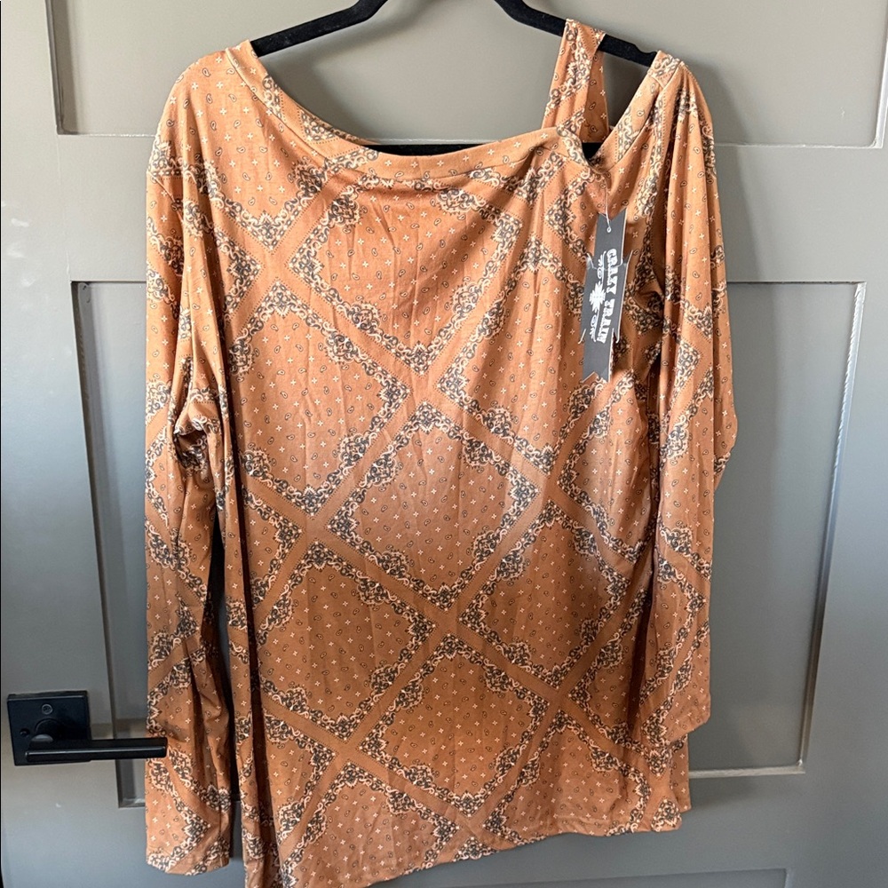 Crazy Train Mustard Meadows Patterned Women's Top Large